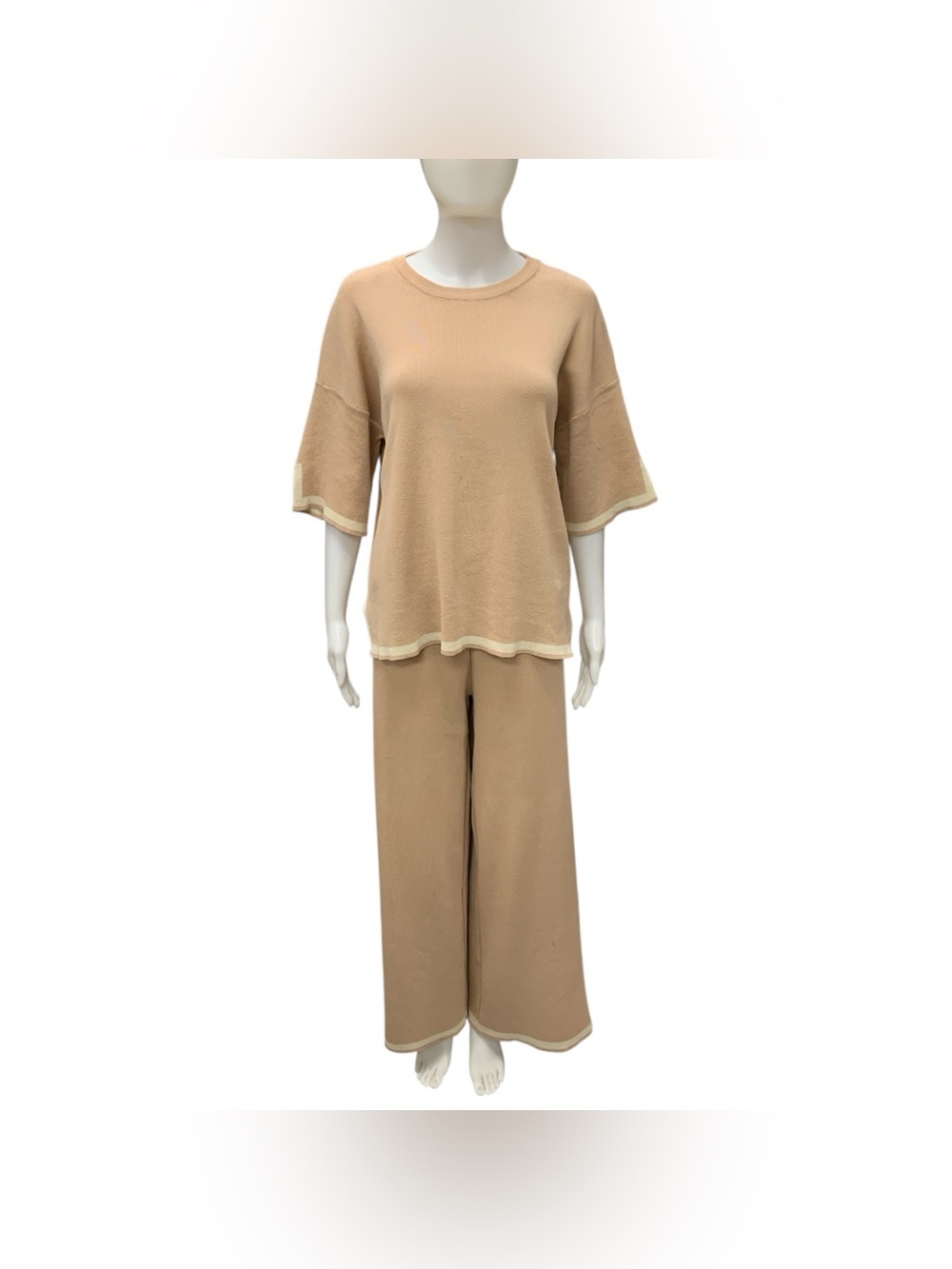 Fashion Beige Two-Piece Knit Lounge Set - Short Sleeve Top & Wide Leg Pants S8
